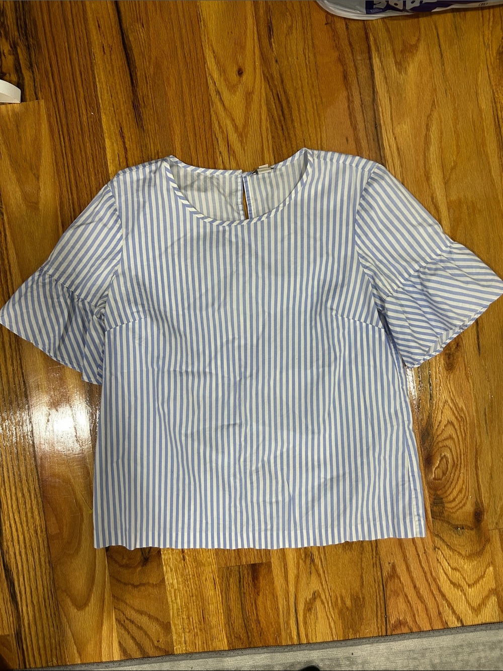 J. Crew Light Blue and White Striped Ruffle Sleeve Top